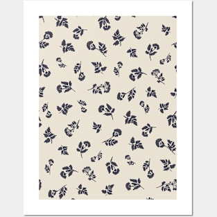 Charcoal Grey Ditsy Hemlock Print on Cream -  Floral Repeat Pattern Posters and Art